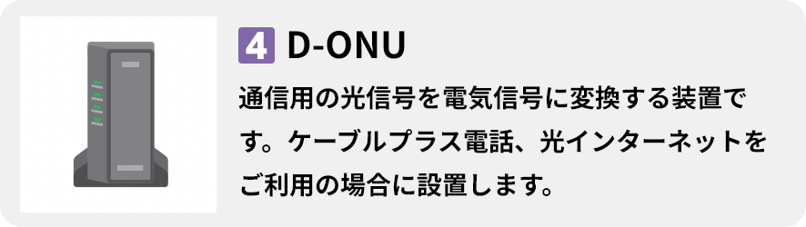 4.D-ONU 通信用の光信号を電気信号に変換する装置です。ケーブルプラス電話、光インターネットをご利用の場合に設置します。